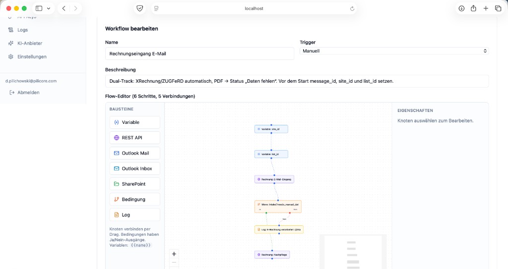 Flow-Editor: Bausteine, Bedingungen und Verbindungen
