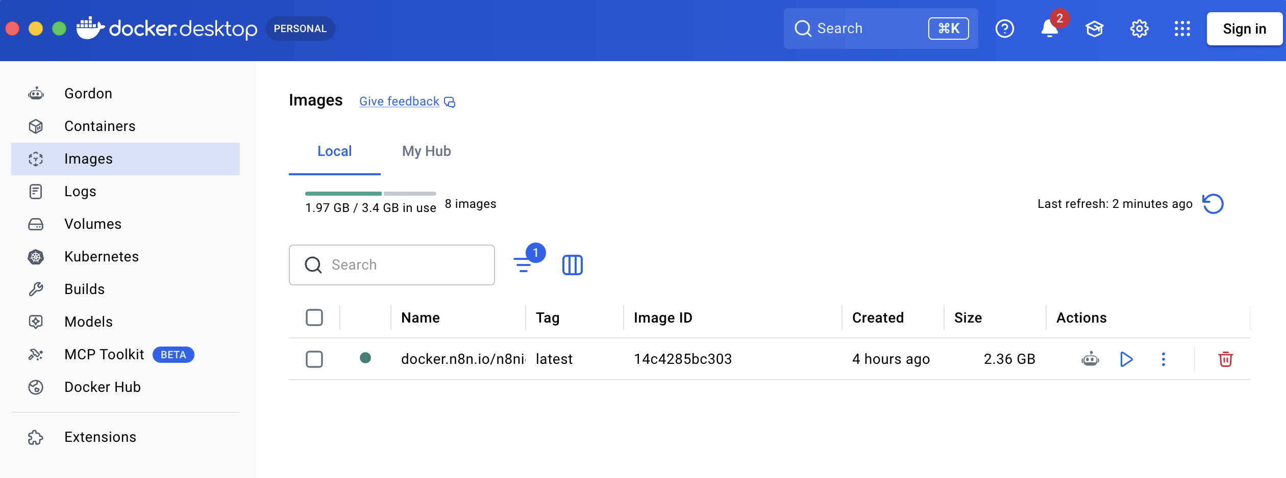 Docker Desktop Images mit lokalem n8n Image latest