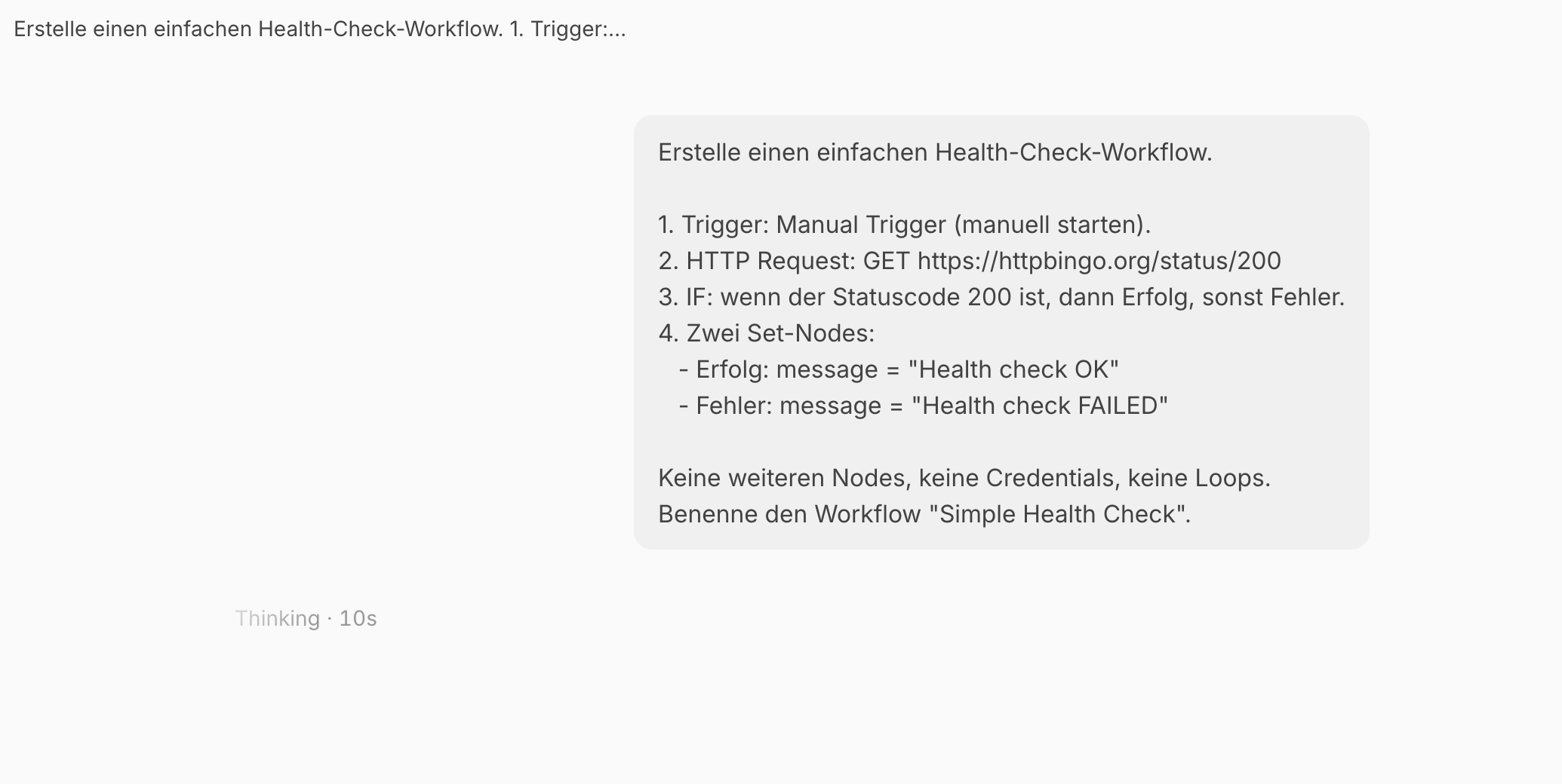 Konkreter Health-Check-Prompt im n8n Assistant mit Thinking