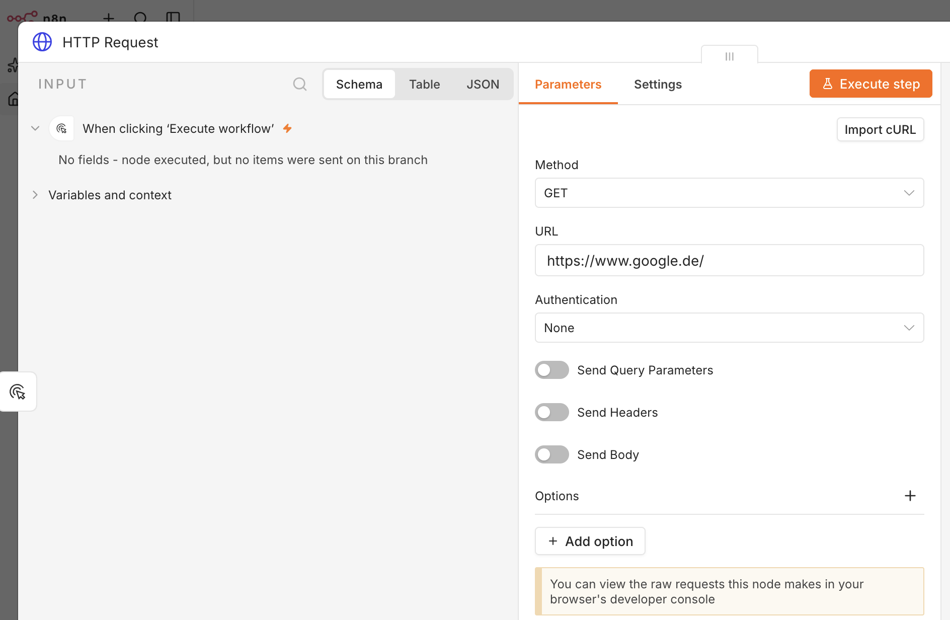 n8n HTTP Request Parameter GET https://www.google.de/ Authentication None
