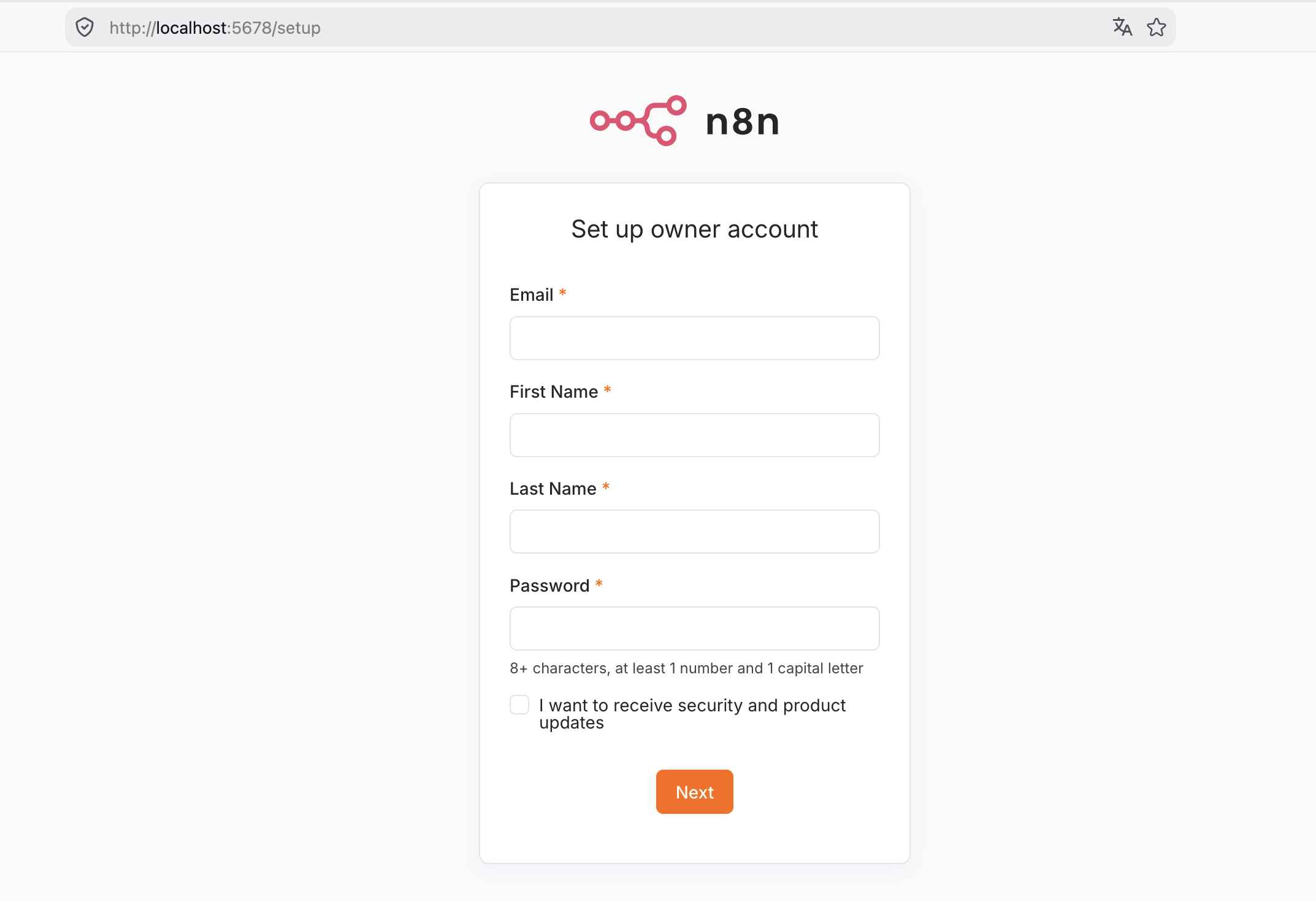 n8n Formular Set up owner account unter localhost:5678/setup