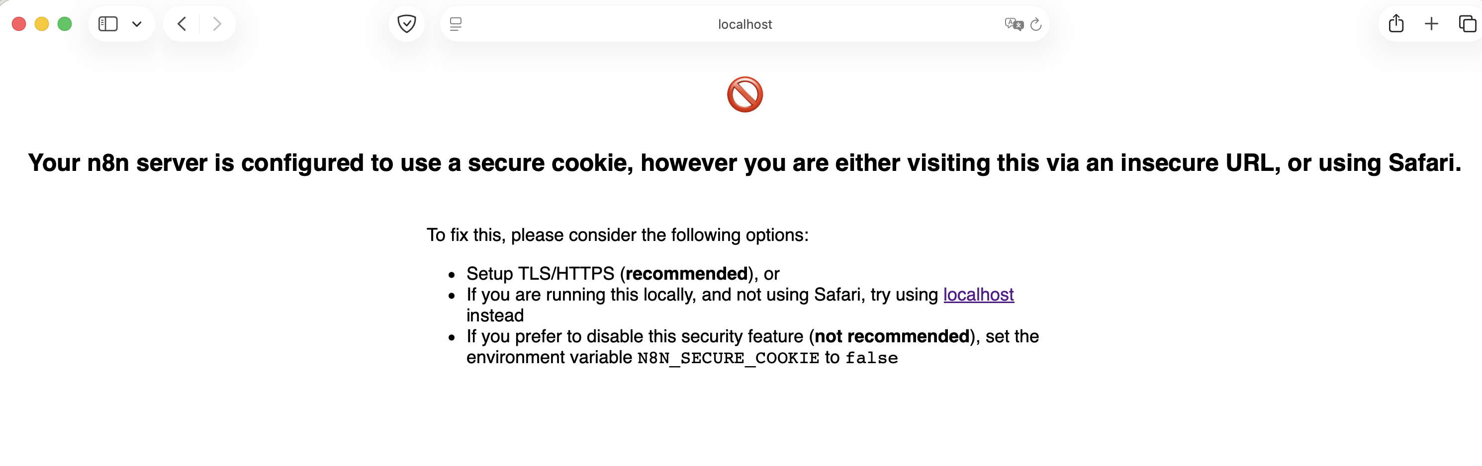 n8n Fehlermeldung in Safari: Secure Cookie bei HTTP localhost