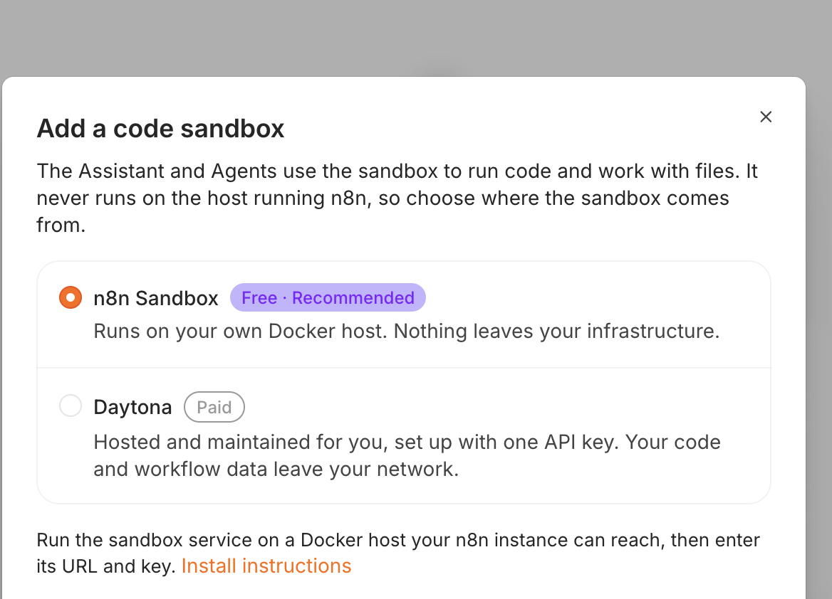 n8n Dialog Add a code sandbox: n8n Sandbox oder Daytona