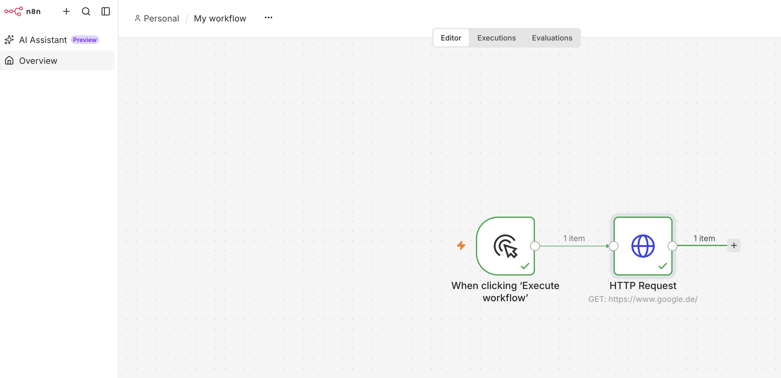 n8n Workflow mit Manual Trigger und HTTP Request GET google.de beide grün