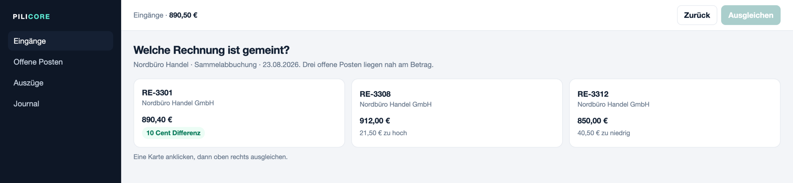 Mehrere offene Rechnungen stehen für einen Zahlungseingang zur Auswahl